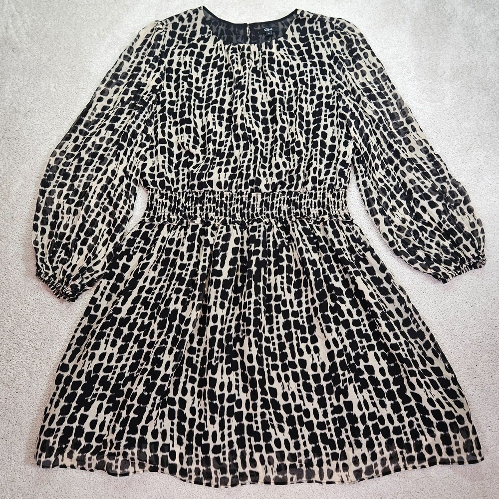Rails Lanie Dress L Boho Abstract Black Ivory Animal Print Smocked $248 Mini